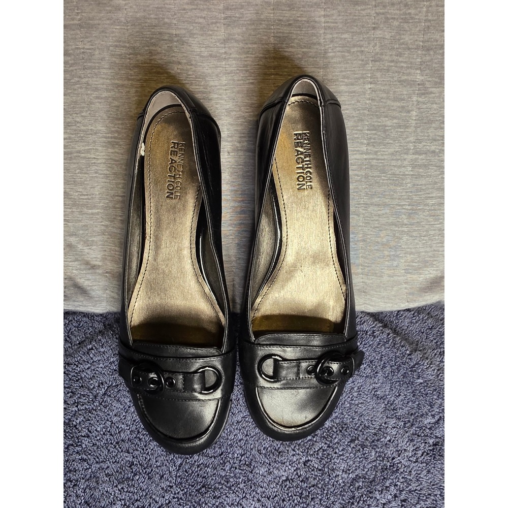 1371 Kenneth Cole Reaction Black Leather Wedge Loafers Buckle Detail Shoes